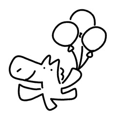 たくさんの風船を持つかわいい馬キャラクターの線画　バースデー・幸せ・白黒