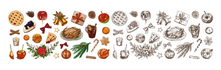 Hand drawn vintage set of Christmas food, drinks and festive decor with colored and monochrome versions, vector clipart