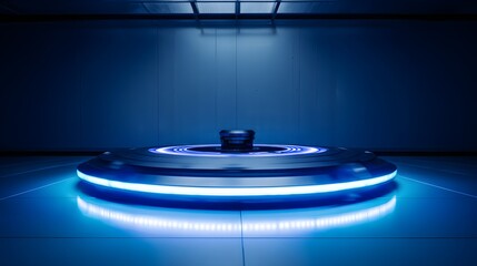 Futuristic machine glows softly in a minimalist room showcasing modern technological innovation design