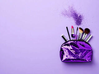 Sparkling purple makeup bag with brushes and lipstick on lavender background