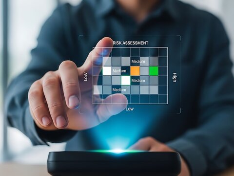 Businessperson touching holographic risk assessment matrix in a modern office environment.