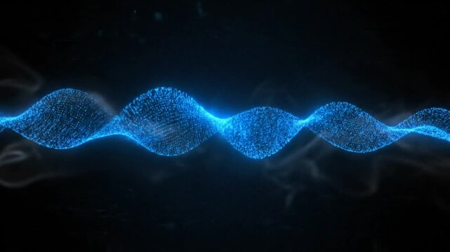 Abstract blue light wave animation with glittering particles moving in slow motion against a dark background.