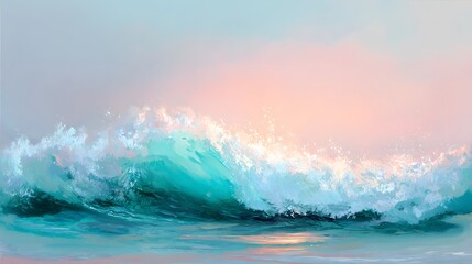 Fototapeta premium Turquoise ocean wave sunrise serene landscape artistic watercolor illustration warm reflections peaceful morning beauty