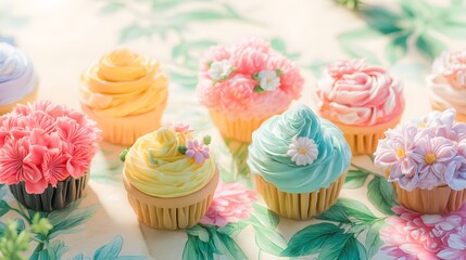 Sweet artistic cupcakes bloom on a floral backdrop bathed in soft pastel light perfection