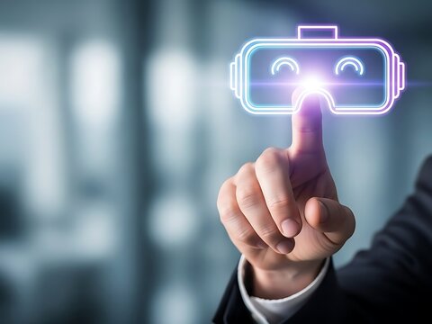 Businessperson touching glowing virtual reality headset icon in a blurred office background - Powered by Adobe