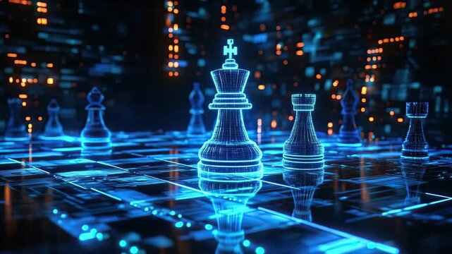 Hologram chess pieces standing on futuristic chessboard in cyberspace