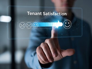 Hand touching a virtual slider for tenant satisfaction, moving from sad to happy faces, service quality concept.