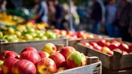 Vibrant farmers market bounty displays colorful apples and fresh produce under warm sunlight