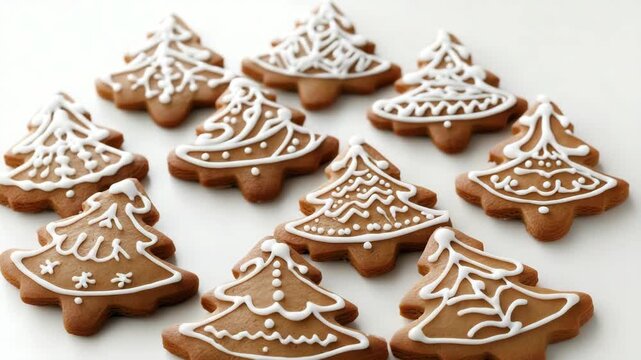 Christmas tree shaped gingerbread cookies decorated with white icing lying on white background