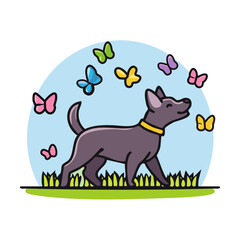 Cute dog with butterflies vector illustration in flat cartoon style