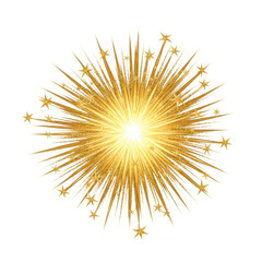 Spectacular, stylized firework explosion of shimmering high-gloss metallic gold star shapes, isolated on a transparent background. Concept of explosive triumph