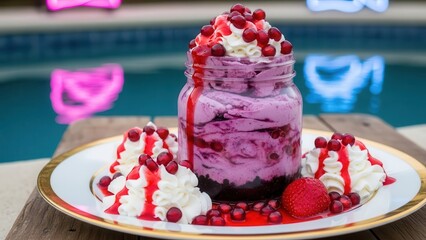 Rich berry cheesecake or mousse dessert in a jar, topped with whipped cream and red currants, served on a white plate with gold rim next to a swimming pool