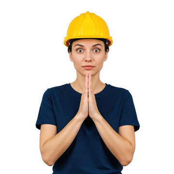 Surprised young adult woman in a yellow hard hat and blue t-shirt, making a pleading gesture with her hands pressed together, looking directly at the camera with wide eyes.