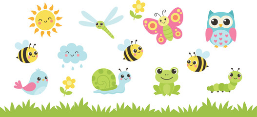 Cute cartoon spring animals and weather elements collection