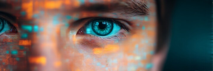 A close-up of a human eye with vibrant blue iris and digital patterns overlaying, suggesting themes of technology and perception.