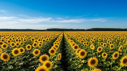 Obraz premium Vast field of bright yellow sunflowers under a clear blue sky