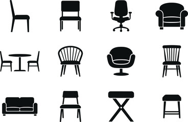 Collection of black silhouette furniture icons isolated on white