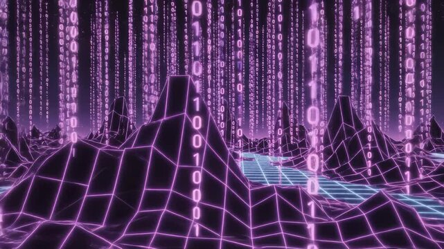 Binary Code Rains Down on Digital Landscape With Synthwave Aesthetic