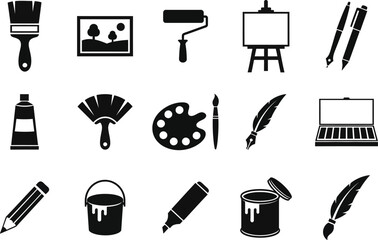 Black silhouette icons representing various art supplies