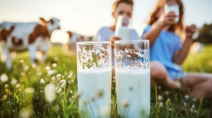 A family enjoys fresh milk in a green field near grazing cows. Bright lighting and milk splashes add dynamic energy