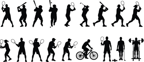 Silhouette vector illustration showing multiple athletes performing various sports activities, including tennis, baseball, golf, cycling, and weightlifting, ideal for fitness, training, and sports