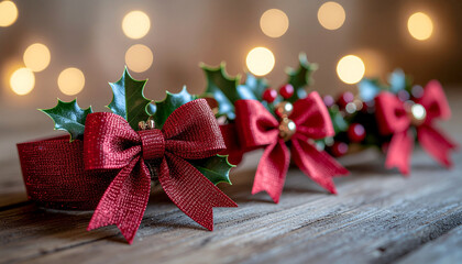 Festive red bows adorned with holly and berries on a rustic wooden surface, with bokeh lights in the background