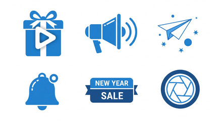 Diverse collection of marketing, communication, and celebration concept icons. Featuring promotional sale, multimedia content, and alert symbols for digital engagement