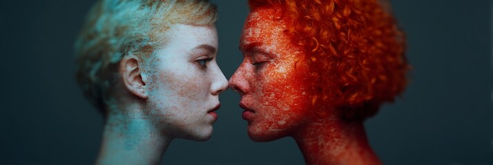 Two close faces with contrasting colors, one with blue tones and the other with red, highlighting emotional connection and artistic expression.