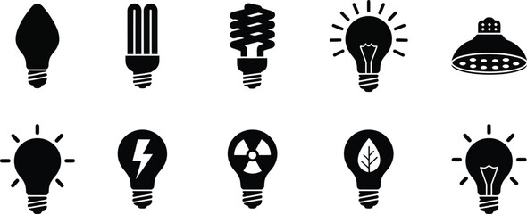 Variety of light bulbs black silhouette icon set