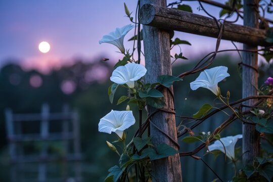 A serene garden at dusk featuring several Ipomoea alba vines climbing a rustic wooden trellis,