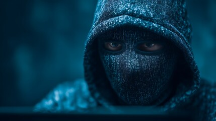 A mysterious figure in a hoodie stares intently at a computer screen, surrounded by a dark, blue-toned environment, evoking themes of secrecy and technology.
