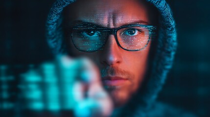 A focused individual in a hoodie stares intently at the viewer, with a digital overlay suggesting technology or cyber themes.