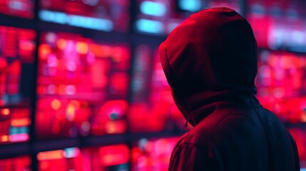 A mysterious figure in a hoodie stands before vibrant, glowing screens, surrounded by an array of red and blue digital displays.
