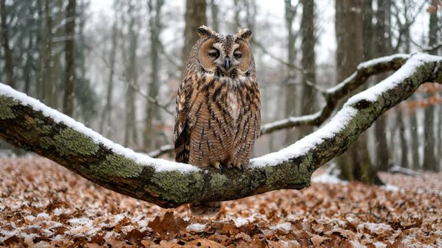 Long eared owl perched on a snowy tree branch in the winter forest, watching and waiting