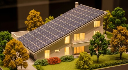 Miniature house with solar panels on roof