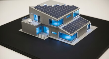 Modern house with solar panels and led lights