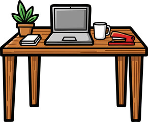 Wooden Desk with Laptop, Plant, Mug, Notebooks, and Stapler.