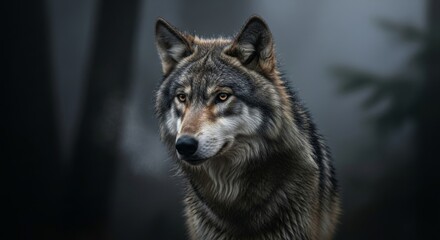 Portrait of a majestic gray wolf in a misty forest