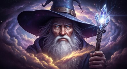 Powerful wizard with crystal staff in a celestial cloudscape
