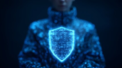 A futuristic figure displays a glowing digital shield, symbolizing cybersecurity and protection in a dark, high-tech environment.