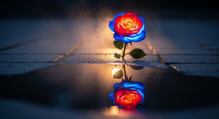Radiant rose reflected in puddle