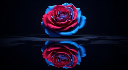 Red and blue rose with reflection on dark surface