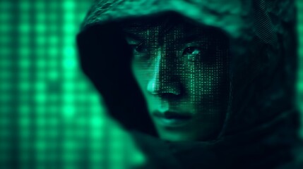 A mysterious figure in a hooded jacket is depicted against a digital green backdrop, suggesting themes of technology, anonymity, and data.