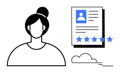 Female avatar next to a resume with five-star rating, representing job applications, recruitment, skills evaluation, professional review. Ideal for hiring, career, HR, digital profiles and CV design