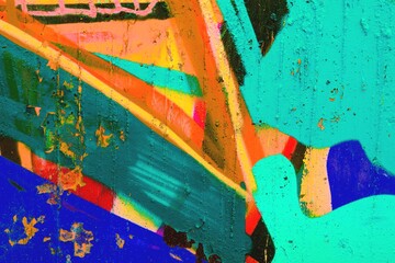 Vibrant abstract street art featuring neon turquoise, orange, blue. Bold 80s style, fluorescent glow, dynamic splashes. Urban murals, street culture, modern art installations.