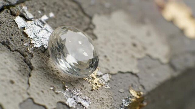 Close-up of a sparkling oval-cut gemstone resting on a textured, weathered surface with gold and silver leaf accents