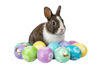a fluffy baby bunny with espresso brown and white fur, sitting calmly within a cluster of glossy pastel easter eggs decorated with gold accents, macro close-up on a white studio background. concept