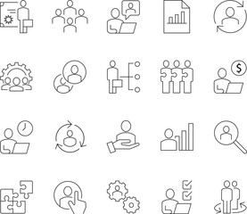 Business Management Line Icons Set: Human Resources, Teamwork, Strategy, Analysis, and Organization Symbols. Editable Stroke Vector Graphics.