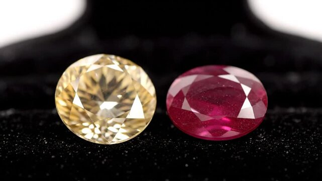 Close up view of two sparkling gemstones, a yellow citrine and a red ruby, on a black surface