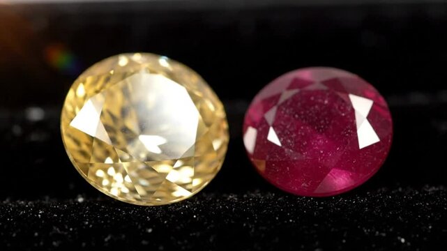 Close-up of Citrine and Ruby Gemstones Displayed on Black Velvet Surface with Detailed Facet Cuts